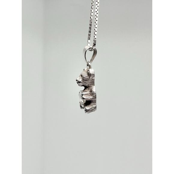 1980s Vintage .925 Sterling Silver & Cubic Zirconia Teddy Bear Pendant & Chain - Picture 4 of 6